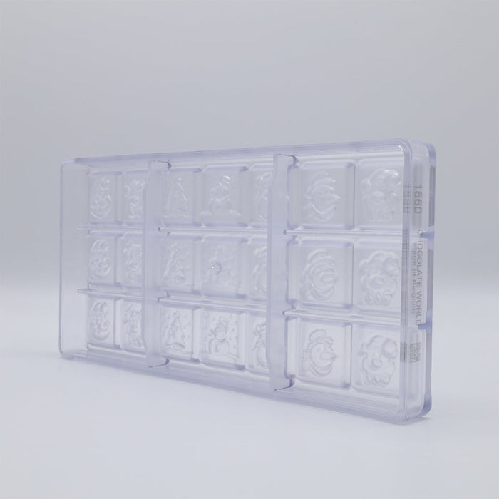 Chocolate World Christmas Caraque (7 Figures) Polycarbonate Chocolate Mold – ~1.18 x 1.18 x 0.20 in, 21 Cavities