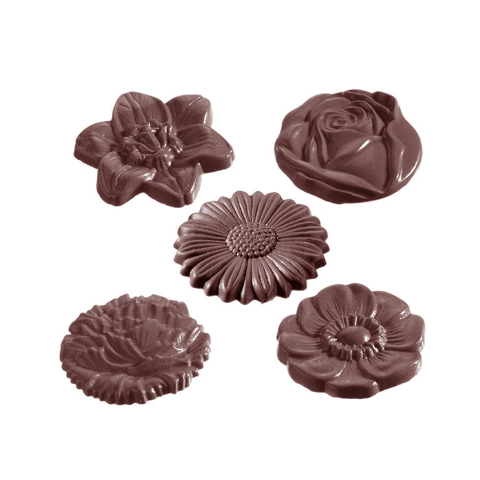 Chocolate World Flowercaraque Round (5-Petal) polycarbonate chocolate mold 1048CW with 35 cavities, professional Belgian confectionery mold for bonbons and pralines, clear polycarbonate flowercaraque round (5-petal) chocolate mould 1048CW