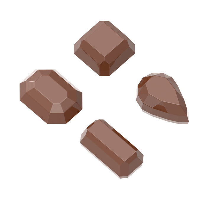 Chocolate World Gems 4-figure assortment polycarbonate chocolate mold 1632CW with 24 cavities in 4 unique faceted gemstone shapes, professional Belgian jewellery-themed chocolate mold 1632CW