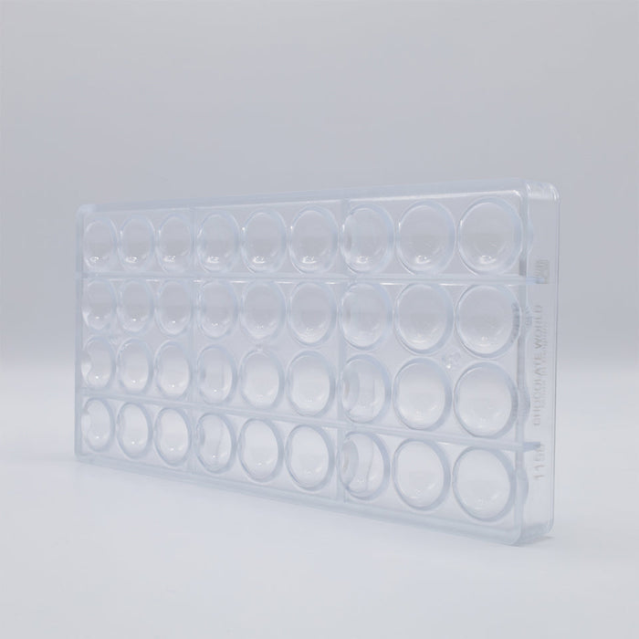 Chocolate World Half Sphere (Hemisphere) Polycarbonate Chocolate Mold – 0.98 in diameter x 0.49 in, 36 Cavities