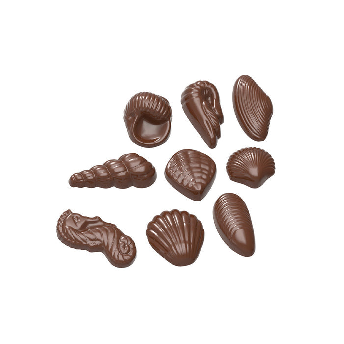 Chocolate World Seafood (9 Figures Assortment) polycarbonate chocolate mold 1586CW with 27 cavities, professional Belgian confectionery mold for bonbons and pralines, clear polycarbonate seafood (9 figures assortment) chocolate mould 1586CW