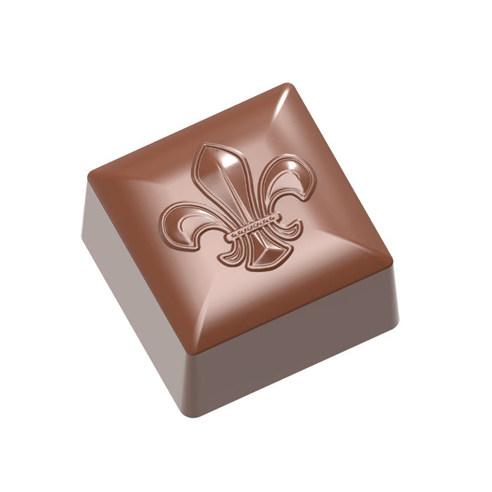 Chocolate World Square Fleur de Lys polycarbonate chocolate mold 1885CW with 21 cavities, professional Belgian confectionery mold for bonbons and pralines, clear polycarbonate square fleur de lys chocolate mould 1885CW