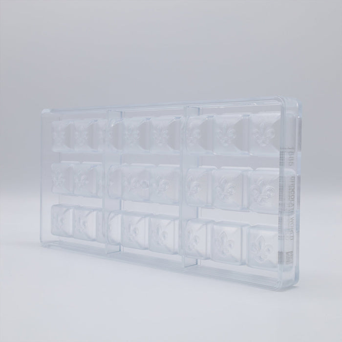 Chocolate World Square Fleur de Lys Polycarbonate Chocolate Mold – ~1.18 x 1.18 x 0.59 in, 21 Cavities