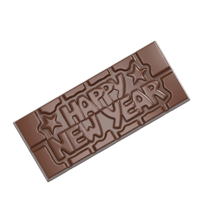 Chocolate World Tablet – 'Happy New Year' Message polycarbonate chocolate mold 12026CW with 4 cavities, professional Belgian confectionery mold for bonbons and pralines, clear polycarbonate tablet – 'happy new year' message chocolate mould 12026CW