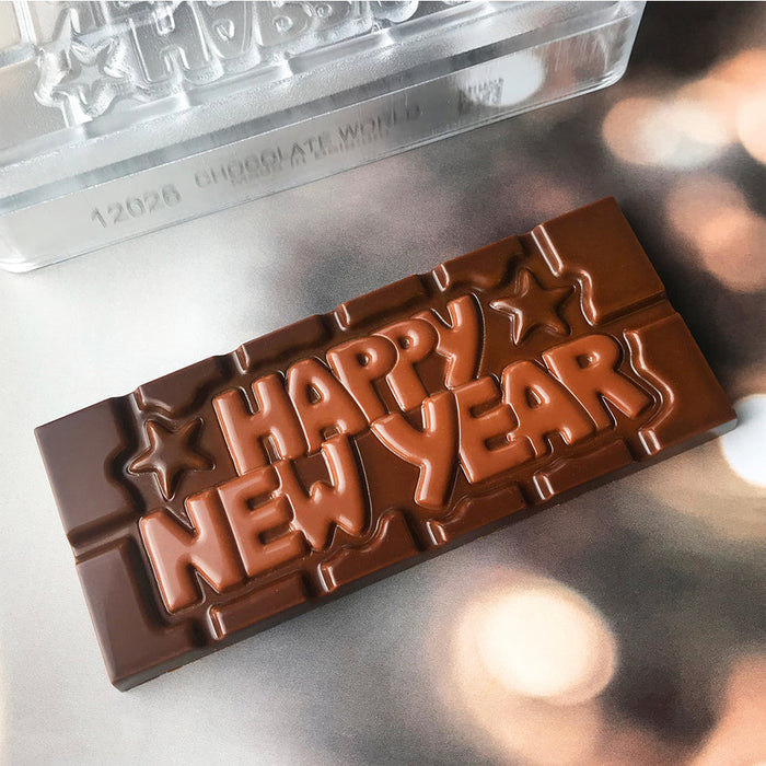Chocolate World Tablet – 'Happy New Year' Message Polycarbonate Chocolate Mold – 4.65 x 1.97 x 0.31 in, 4 Cavities