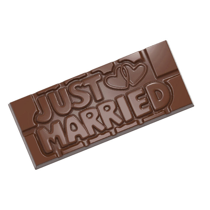 Chocolate World Tablet – 'Just Married' Message polycarbonate chocolate mold 12143CW with 4 cavities, professional Belgian confectionery mold for bonbons and pralines, clear polycarbonate tablet – 'just married' message chocolate mould 12143CW