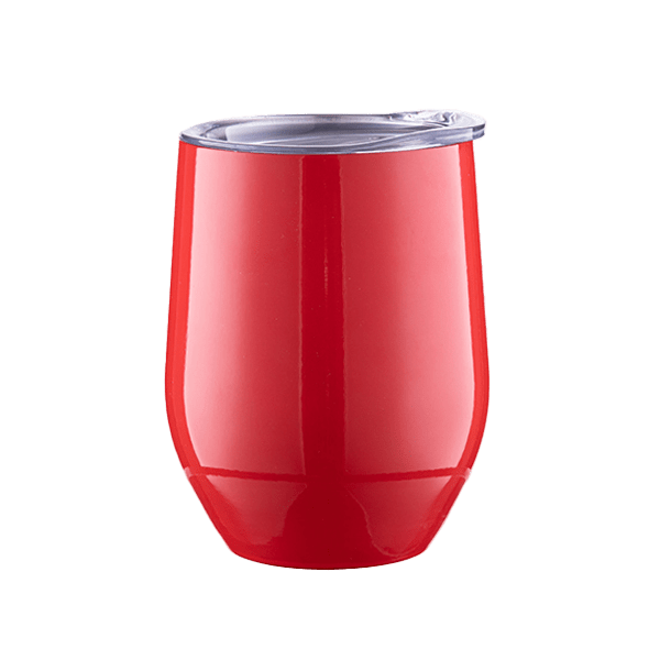 Personalized red 12oz stainless steel insulated stemless wine tumbler with lid