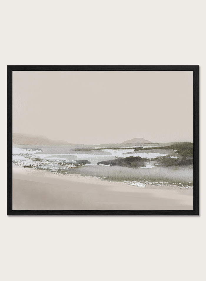 A framed landscape art print featuring a minimalist beach scene in muted beige, gray, and white tones. hop Calm Beach by Dan Hobday, a contemporary coastal wall art print featuring a soft shoreline, calm water, muted beige and gray tones, and textured detail.
