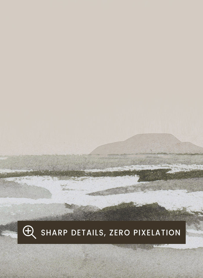 A framed landscape art print featuring a minimalist beach scene in muted beige, gray, and white tones. hop Calm Beach by Dan Hobday, a contemporary coastal wall art print featuring a soft shoreline, calm water, muted beige and gray tones, and textured detail.