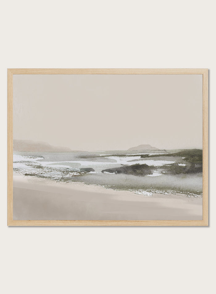A framed landscape art print featuring a minimalist beach scene in muted beige, gray, and white tones. hop Calm Beach by Dan Hobday, a contemporary coastal wall art print featuring a soft shoreline, calm water, muted beige and gray tones, and textured detail.