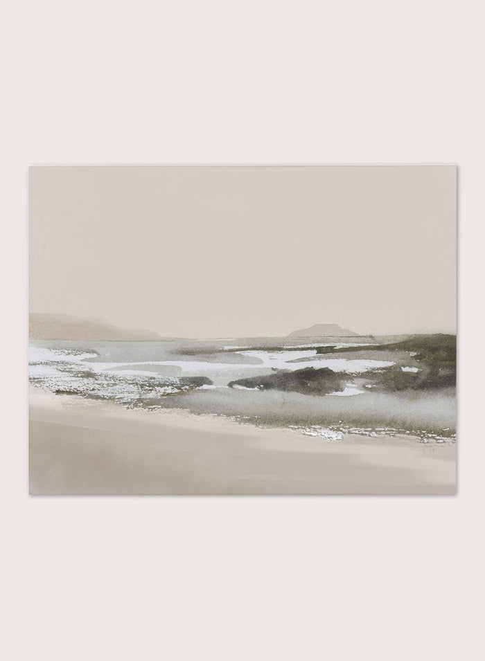 A framed landscape art print featuring a minimalist beach scene in muted beige, gray, and white tones. hop Calm Beach by Dan Hobday, a contemporary coastal wall art print featuring a soft shoreline, calm water, muted beige and gray tones, and textured detail.