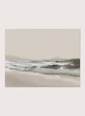 A framed landscape art print featuring a minimalist beach scene in muted beige, gray, and white tones. hop Calm Beach by Dan Hobday, a contemporary coastal wall art print featuring a soft shoreline, calm water, muted beige and gray tones, and textured detail.
