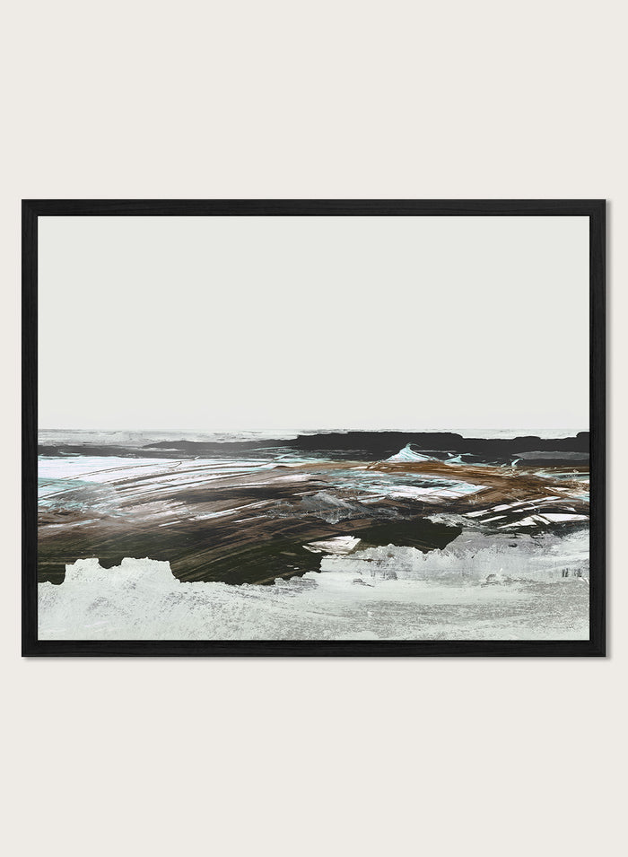 A framed abstract landscape art print featuring textured brushstrokes of brown, white, gray, and black. Shop Constantine Bay by Dan Hobday, a contemporary coastal wall art print with abstract shoreline forms, pale blue accents, dark brown tones, and textured brushwork.