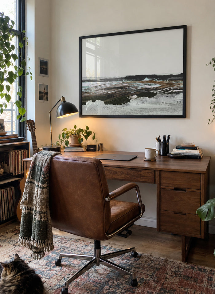 A framed abstract landscape art print featuring textured brushstrokes of brown, white, gray, and black. Shop Constantine Bay by Dan Hobday, a contemporary coastal wall art print with abstract shoreline forms, pale blue accents, dark brown tones, and textured brushwork.