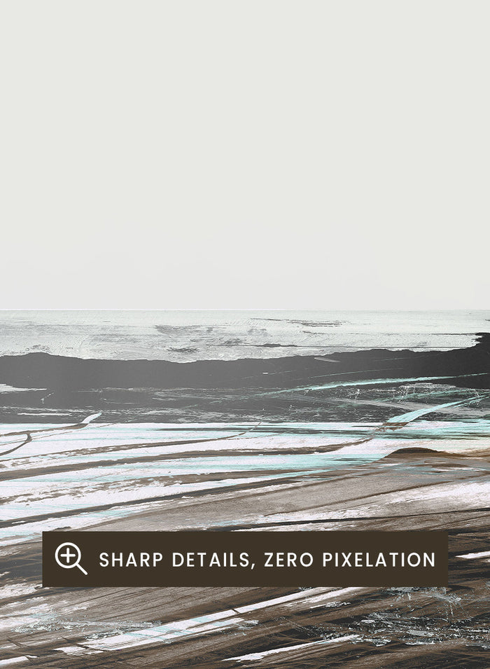 A framed abstract landscape art print featuring textured brushstrokes of brown, white, gray, and black. Shop Constantine Bay by Dan Hobday, a contemporary coastal wall art print with abstract shoreline forms, pale blue accents, dark brown tones, and textured brushwork.