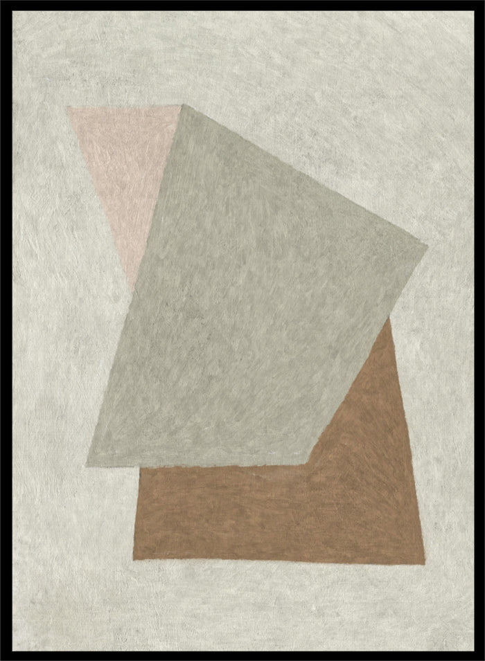 Abstract geometric wall art featuring overlapping textured shapes in gray, brown, and pale pink on a light beige background. Shop Design by Dan Hobday, a contemporary abstract wall art print featuring geometric shapes, soft gray, warm brown, blush tones, and textured detail.