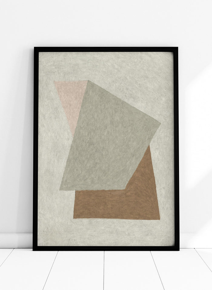 Abstract geometric wall art featuring overlapping textured shapes in gray, brown, and pale pink on a light beige background. Shop Design by Dan Hobday, a contemporary abstract wall art print featuring geometric shapes, soft gray, warm brown, blush tones, and textured detail.