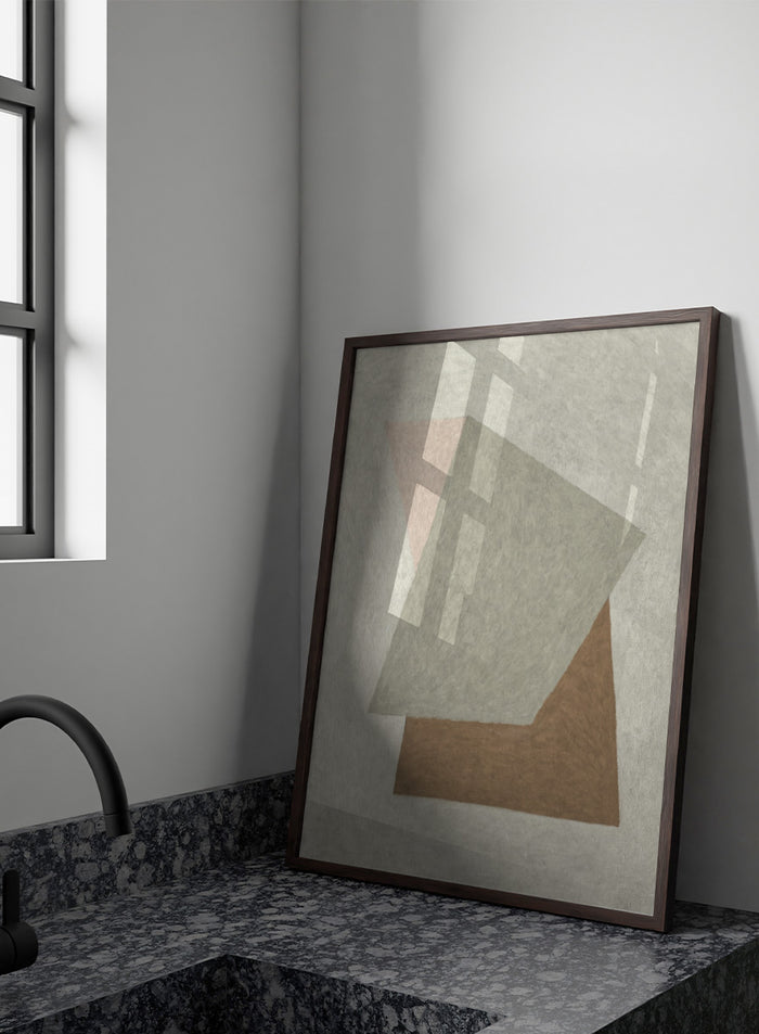 Abstract geometric wall art featuring overlapping textured shapes in gray, brown, and pale pink on a light beige background. Shop Design by Dan Hobday, a contemporary abstract wall art print featuring geometric shapes, soft gray, warm brown, blush tones, and textured detail.
