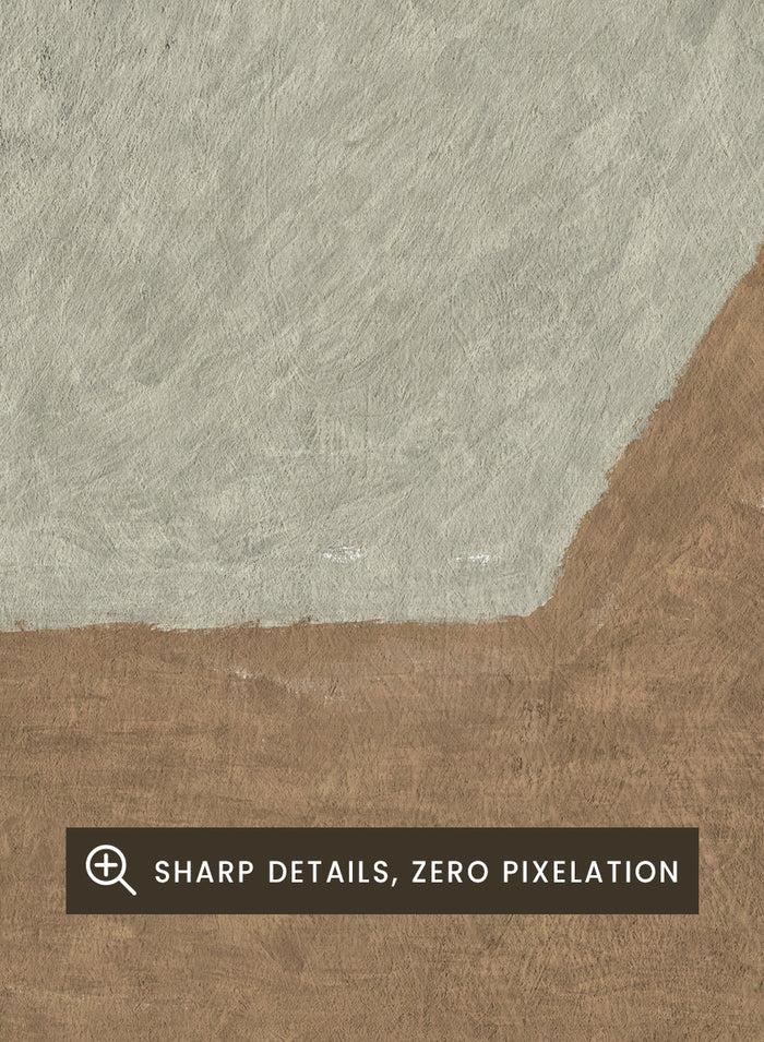 Abstract geometric wall art featuring overlapping textured shapes in gray, brown, and pale pink on a light beige background. Shop Design by Dan Hobday, a contemporary abstract wall art print featuring geometric shapes, soft gray, warm brown, blush tones, and textured detail.