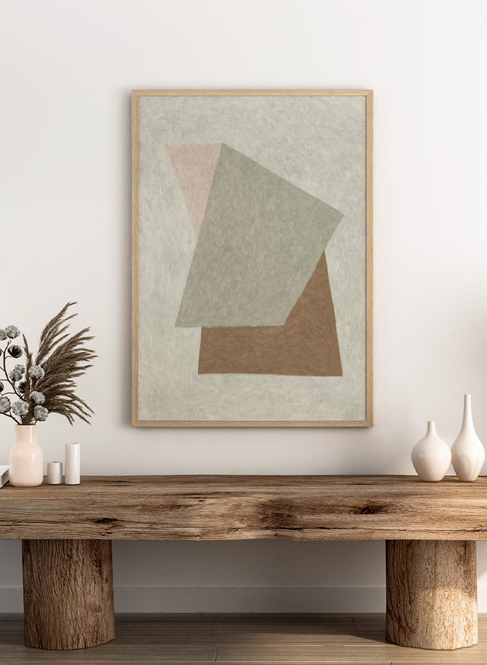 Abstract geometric wall art featuring overlapping textured shapes in gray, brown, and pale pink on a light beige background. Shop Design by Dan Hobday, a contemporary abstract wall art print featuring geometric shapes, soft gray, warm brown, blush tones, and textured detail.