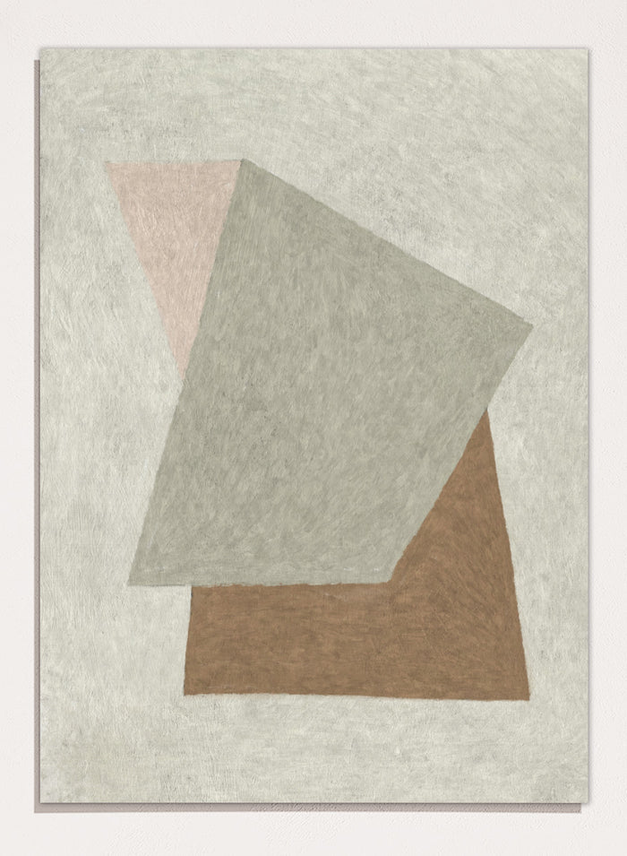 Abstract geometric wall art featuring overlapping textured shapes in gray, brown, and pale pink on a light beige background. Shop Design by Dan Hobday, a contemporary abstract wall art print featuring geometric shapes, soft gray, warm brown, blush tones, and textured detail.
