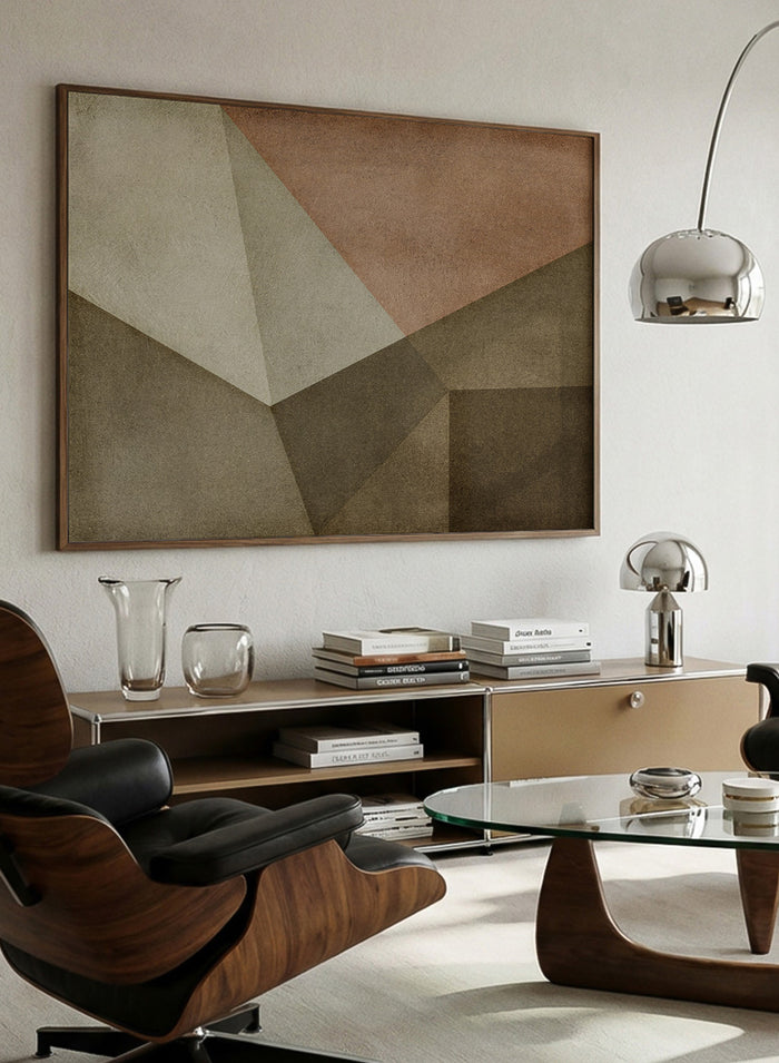Framed abstract geometric wall art featuring textured color blocks in beige, terracotta, brown, and gray tones. Shop Detached by Dan Hobday, a contemporary abstract wall art print featuring geometric forms, warm brown and taupe tones, olive accents, and textured detail.