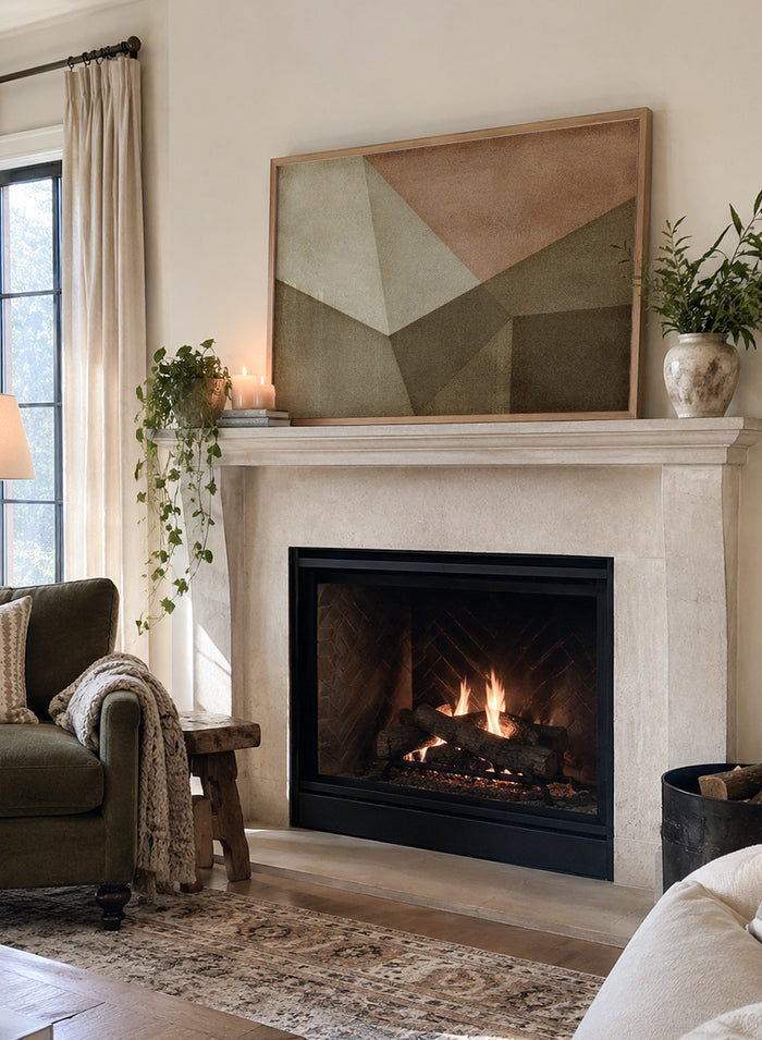 Framed abstract geometric wall art featuring textured color blocks in beige, terracotta, brown, and gray tones. Shop Detached by Dan Hobday, a contemporary abstract wall art print featuring geometric forms, warm brown and taupe tones, olive accents, and textured detail.