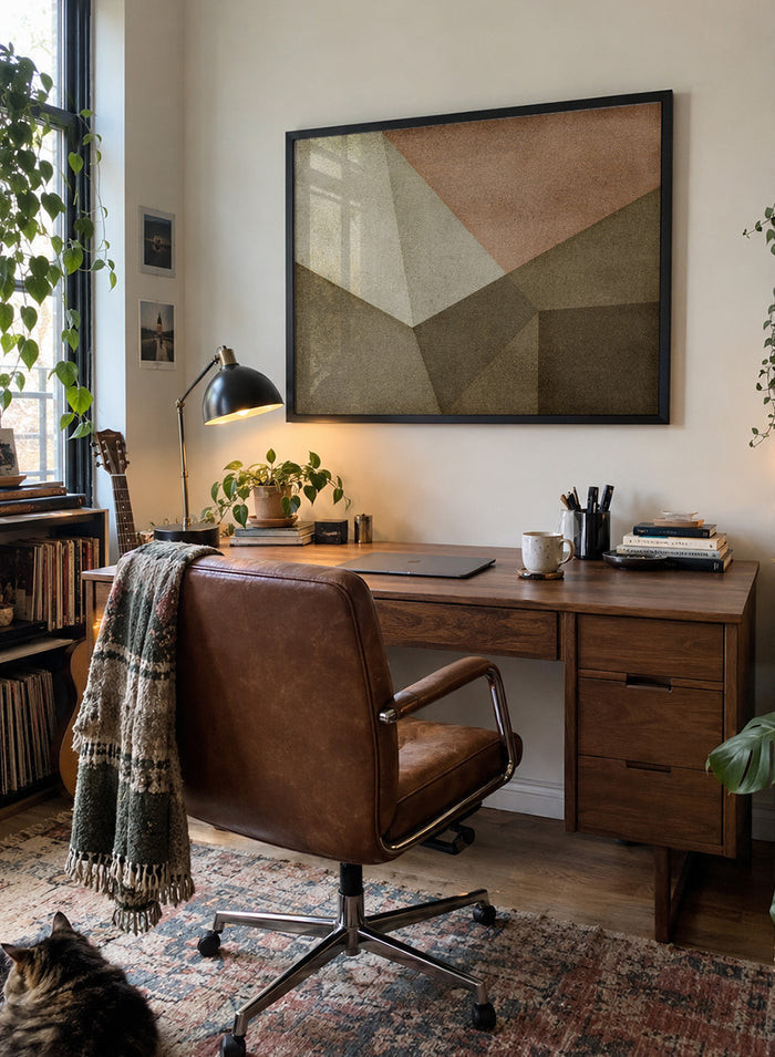 Framed abstract geometric wall art featuring textured color blocks in beige, terracotta, brown, and gray tones. Shop Detached by Dan Hobday, a contemporary abstract wall art print featuring geometric forms, warm brown and taupe tones, olive accents, and textured detail.