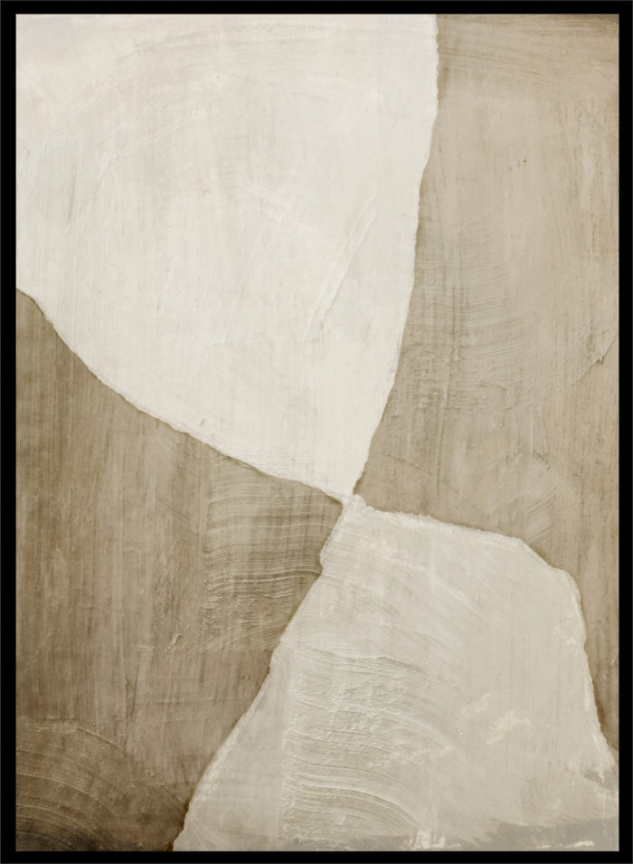 Shop Glide Abstract by Dan Hobday, a neutral abstract art print featuring soft cream and taupe forms, organic curves, and layered textured brushwork.