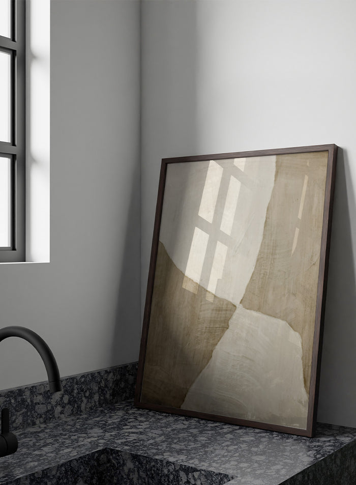 Shop Glide Abstract by Dan Hobday, a neutral abstract art print featuring soft cream and taupe forms, organic curves, and layered textured brushwork.
