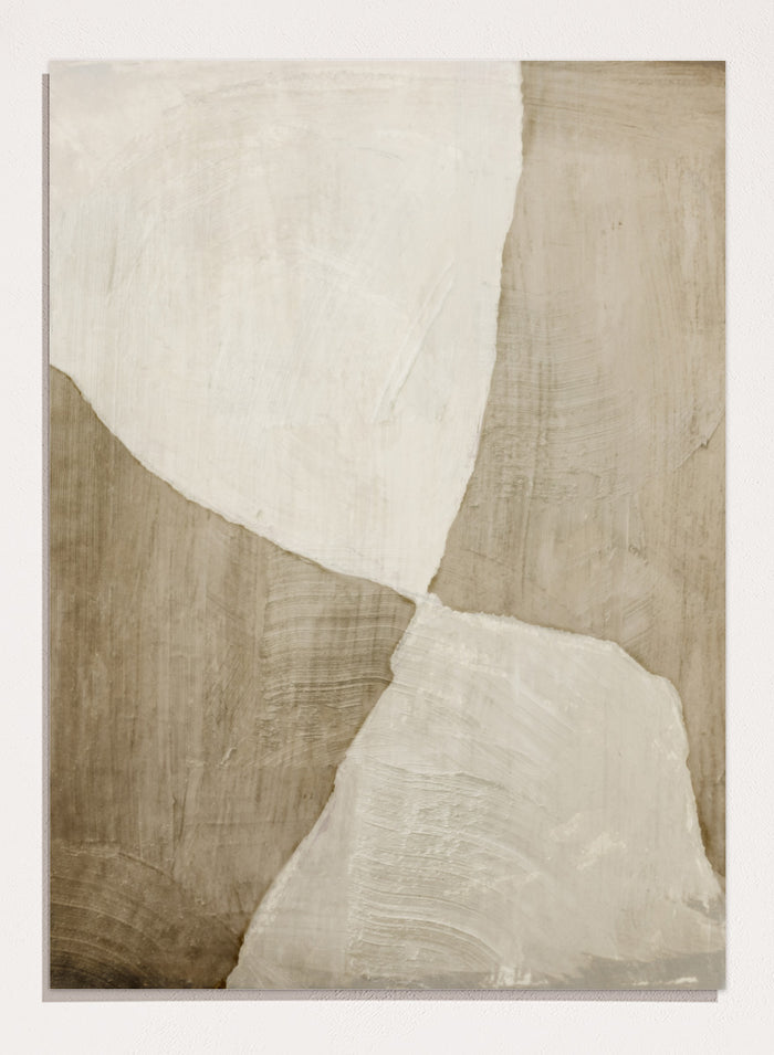Shop Glide Abstract by Dan Hobday, a neutral abstract art print featuring soft cream and taupe forms, organic curves, and layered textured brushwork.