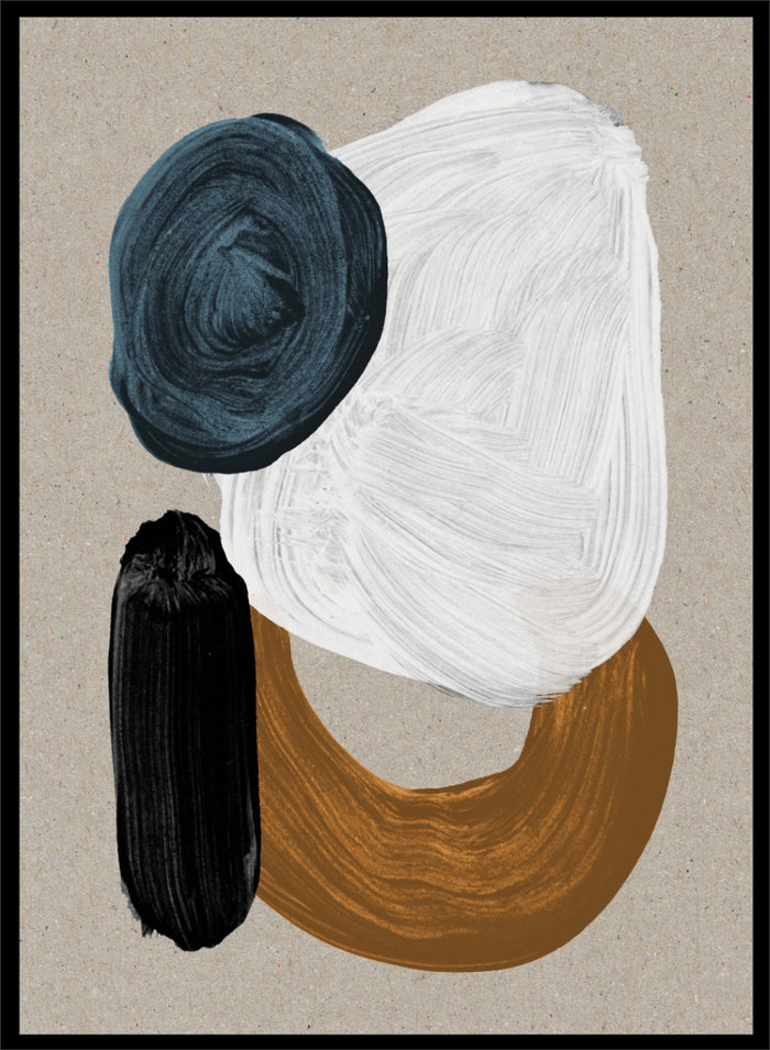 Abstract art print featuring textured paint strokes in dark teal, white, black, and ochre brown on a warm beige background. Shop Late In the Afternoon by Dan Hobday, a contemporary abstract wall art print with bold organic shapes, deep blue, black, white, and warm neutral tones.