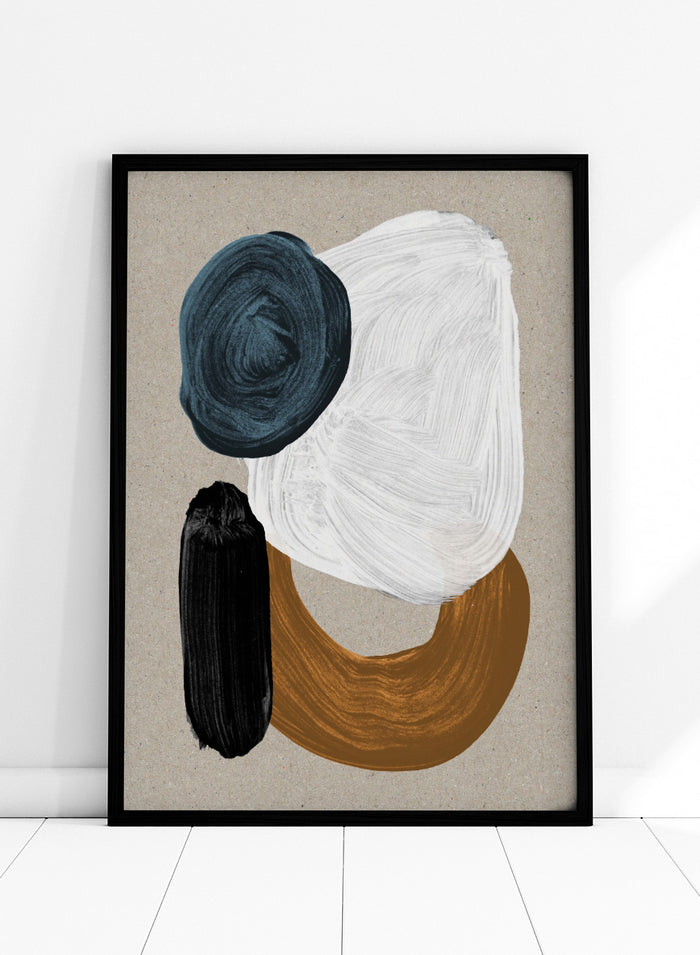 Abstract art print featuring textured paint strokes in dark teal, white, black, and ochre brown on a warm beige background. Shop Late In the Afternoon by Dan Hobday, a contemporary abstract wall art print with bold organic shapes, deep blue, black, white, and warm neutral tones.