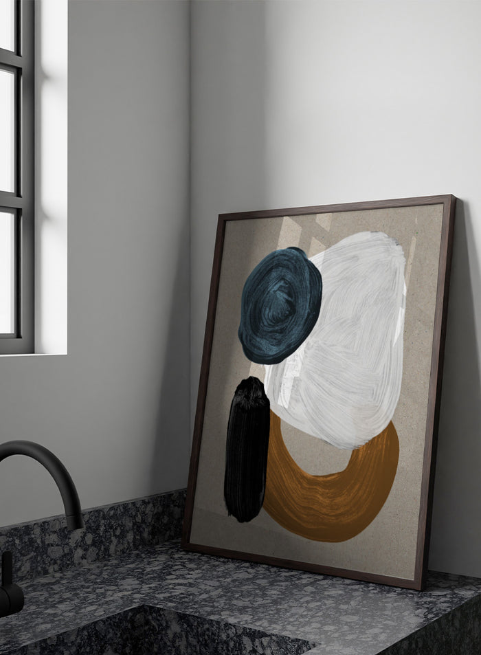 Abstract art print featuring textured paint strokes in dark teal, white, black, and ochre brown on a warm beige background. Shop Late In the Afternoon by Dan Hobday, a contemporary abstract wall art print with bold organic shapes, deep blue, black, white, and warm neutral tones.