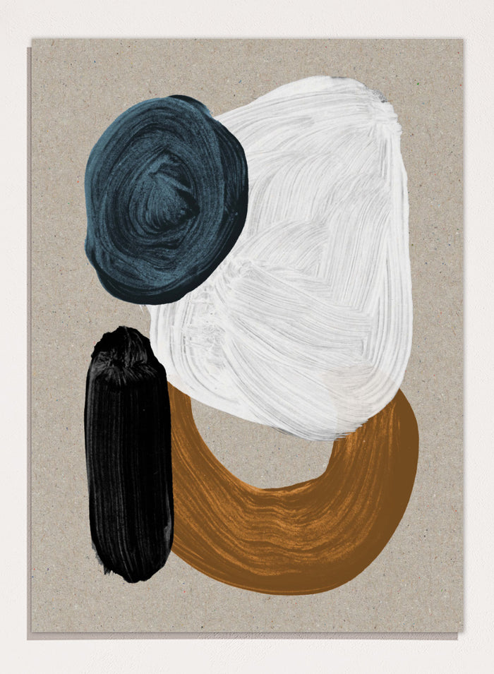 Abstract art print featuring textured paint strokes in dark teal, white, black, and ochre brown on a warm beige background. Shop Late In the Afternoon by Dan Hobday, a contemporary abstract wall art print with bold organic shapes, deep blue, black, white, and warm neutral tones.