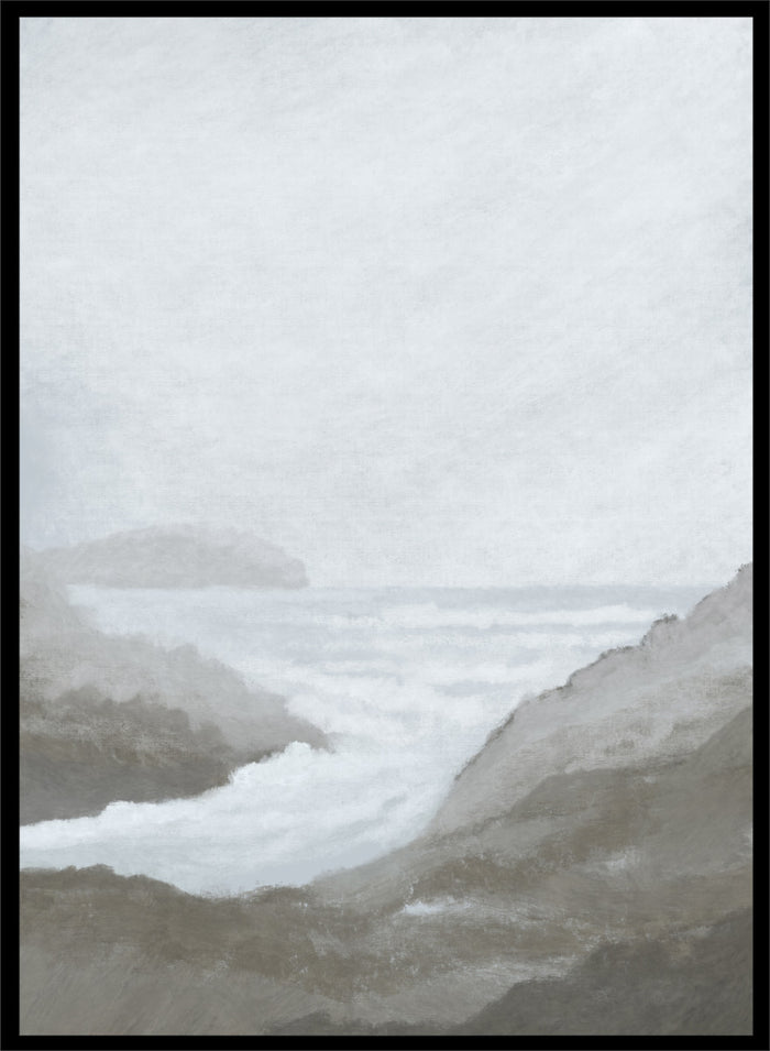 Shop Morning Spray by Dan Hobday, a contemporary coastal wall art print featuring ocean surf, rocky cliffs, soft gray tones, and a misty seascape.