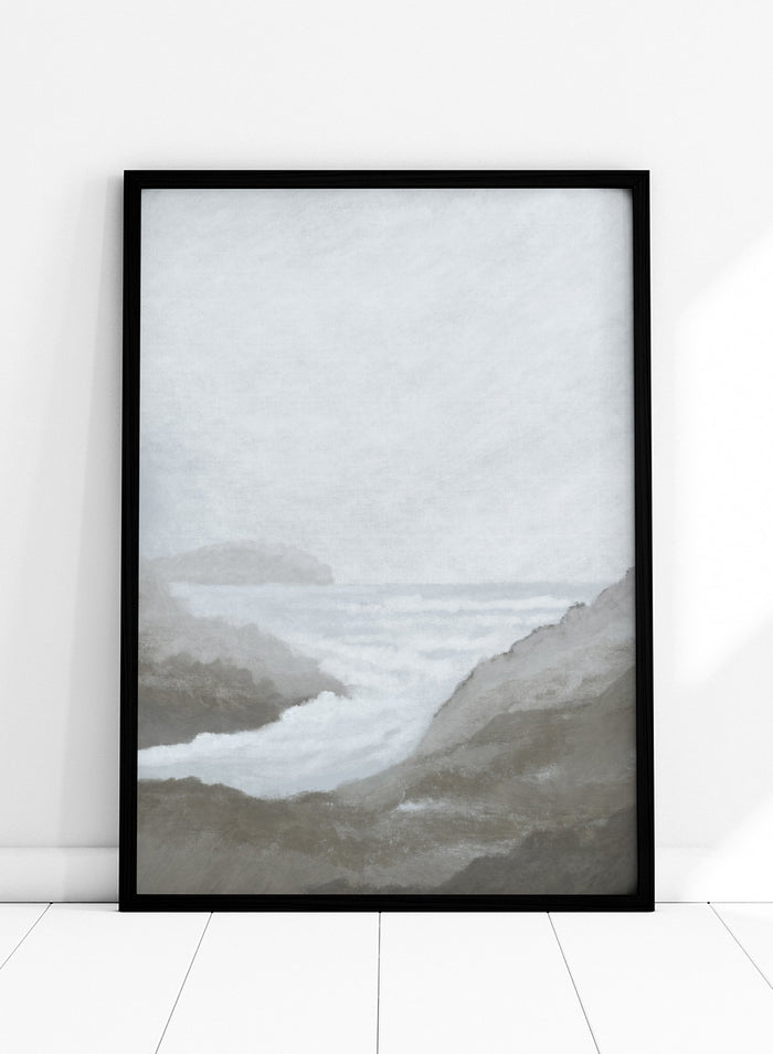 Shop Morning Spray by Dan Hobday, a contemporary coastal wall art print featuring ocean surf, rocky cliffs, soft gray tones, and a misty seascape.