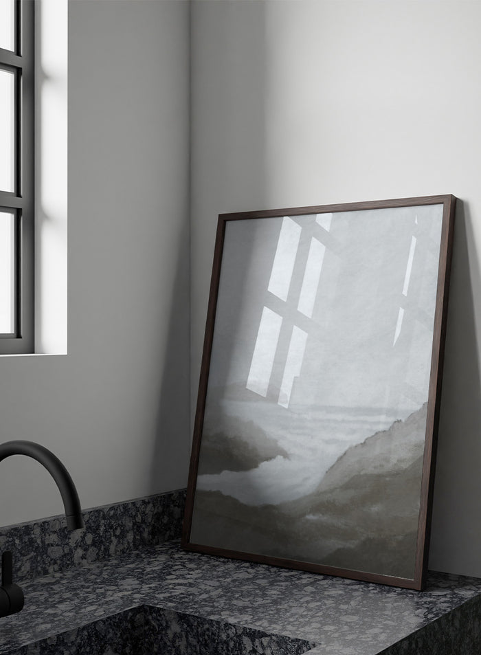 Shop Morning Spray by Dan Hobday, a contemporary coastal wall art print featuring ocean surf, rocky cliffs, soft gray tones, and a misty seascape.