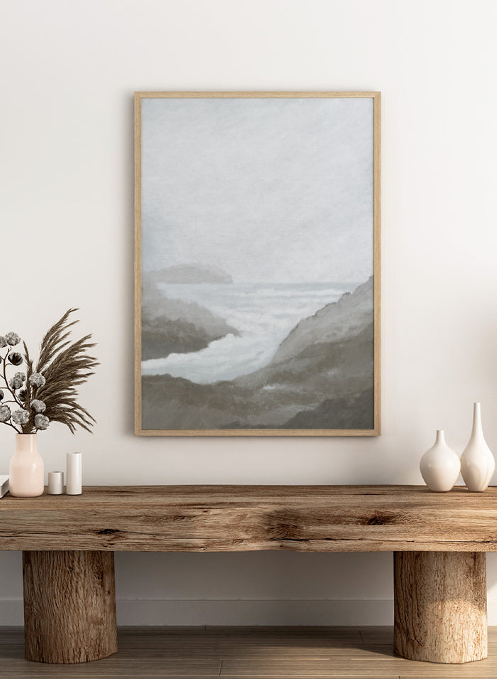 Shop Morning Spray by Dan Hobday, a contemporary coastal wall art print featuring ocean surf, rocky cliffs, soft gray tones, and a misty seascape.