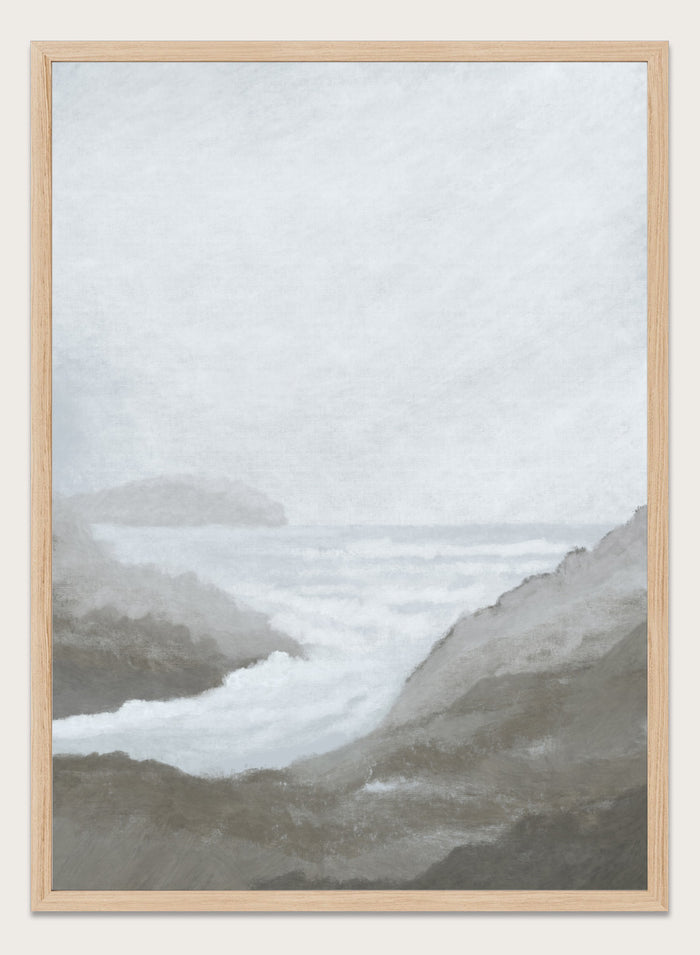 Shop Morning Spray by Dan Hobday, a contemporary coastal wall art print featuring ocean surf, rocky cliffs, soft gray tones, and a misty seascape.