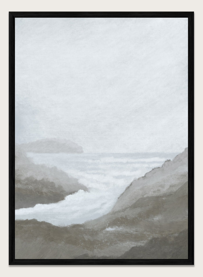Shop Morning Spray by Dan Hobday, a contemporary coastal wall art print featuring ocean surf, rocky cliffs, soft gray tones, and a misty seascape.