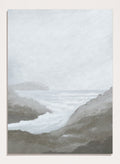 Shop Morning Spray by Dan Hobday, a contemporary coastal wall art print featuring ocean surf, rocky cliffs, soft gray tones, and a misty seascape.