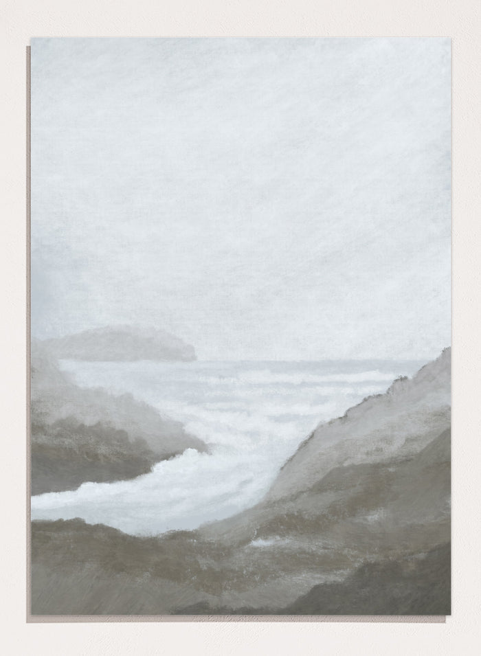 Shop Morning Spray by Dan Hobday, a contemporary coastal wall art print featuring ocean surf, rocky cliffs, soft gray tones, and a misty seascape.