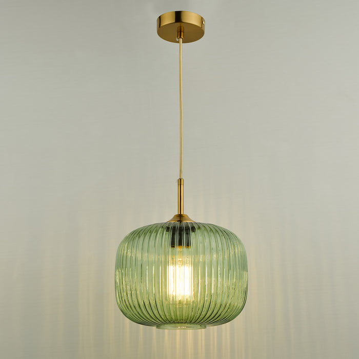Demarius 1 Light Pendant Green Glass Bronze Detail<br>Green Ribbed Glass