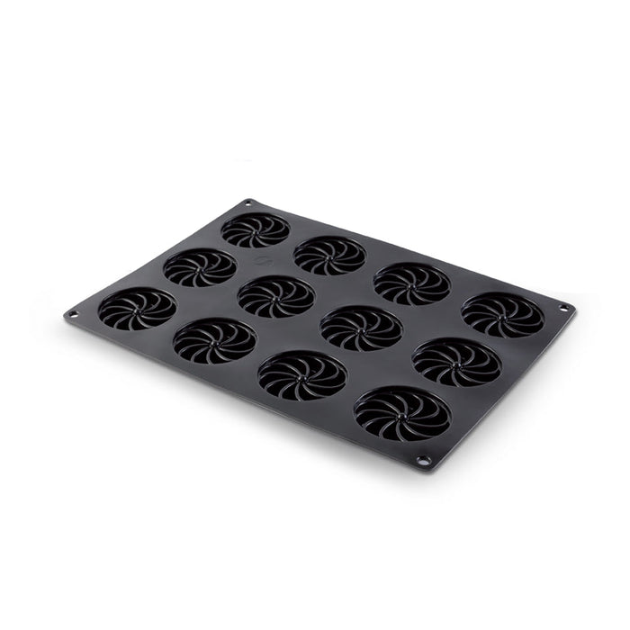 Demarle Flexipan Inspiration Celhay swirl silicone baking mold 400 x 300 mm with 12 cavities, Demarle Flexipan Celhay mold with 12 individual 75 x 16 mm swirl cavities, Demarle Flexipan Inspiration Celhay decorative swirl mold for entremets mousses cakes and individual desserts