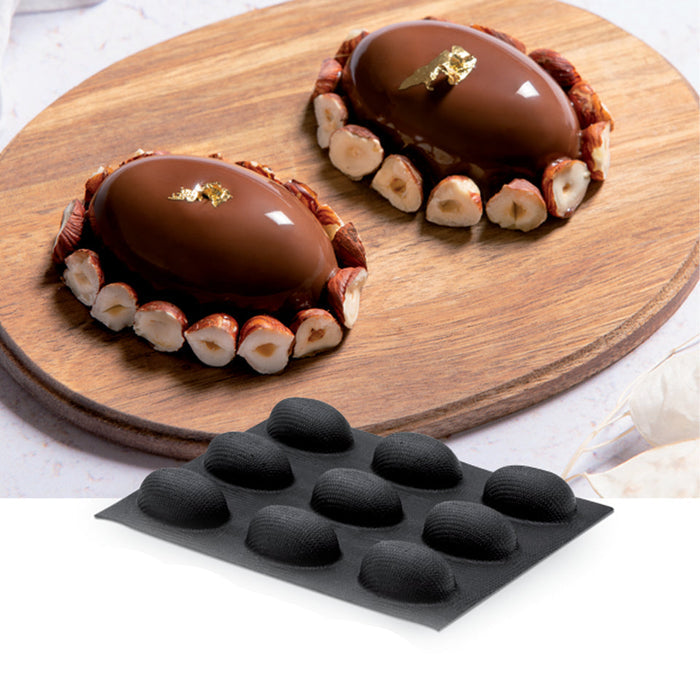 Demarle Flexipan Origine Half Oval silicone baking mold 300 x 200 mm with 9 cavities, Demarle Flexipan Demi Ovale mold with 9 individual 60 x 40 x 25 mm half oval cavities, Demarle Flexipan Origine Half Oval mold for individual cakes entremets mousses and desserts
