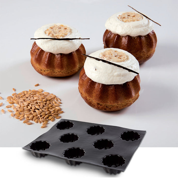 Demarle Flexipan Origine Mini Bundt silicone baking mold 400 x 300 mm with 8 cavities, Demarle Flexipan Mini Bundt mold with 8 individual 74 x 34.5 mm cake cavities, Demarle Flexipan Origine Mini Bundt mold for individual ring cakes pastries and desserts