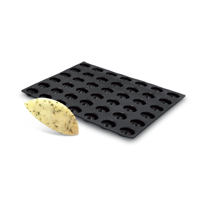 Demarle Flexipan Origine Mini Quenelle half-egg silicone mold 400 x 300 mm with 36 cavities, Demarle Flexipan Mini Quenelle mold with 36 individual 42 x 26 mm half-egg cavities, Demarle Flexipan Origine Mini Quenelle mold for mousses petits fours and mini desserts