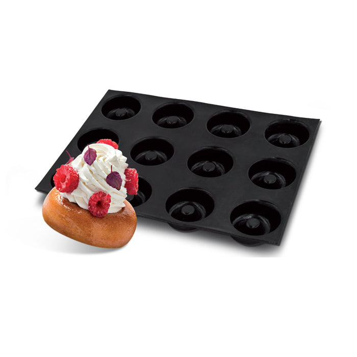 Demarle Flexipan Origine round savarin silicone baking mold 400 x 300 mm with 12 cavities, Demarle Flexipan round savarin mold with 12 individual 70 x 23 mm cavities, Demarle Flexipan Origine professional round savarin mold for individual cakes entremets and desserts