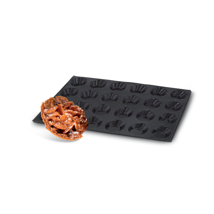 Demarle Flexipan Origine round tartlet silicone baking mold 600 x 400 mm with 24 cavities, Demarle Flexipan tartlet mold with 24 tapered 77/50 x 20 mm cavities, Demarle Flexipan Origine professional tartlet mold for mini tarts pies and quiches